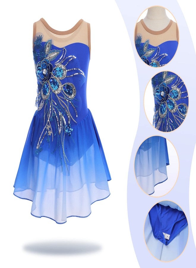 AFAVOM Figure Skating Dress for Girls Sequin Flower Mesh Ice Skating Dress Ballet Dance Leotard Dress Chiffon Skirted Ballerina Dancewear for Competition Stage Performance Costume Royal Blue 9-10 Years - Image 3
